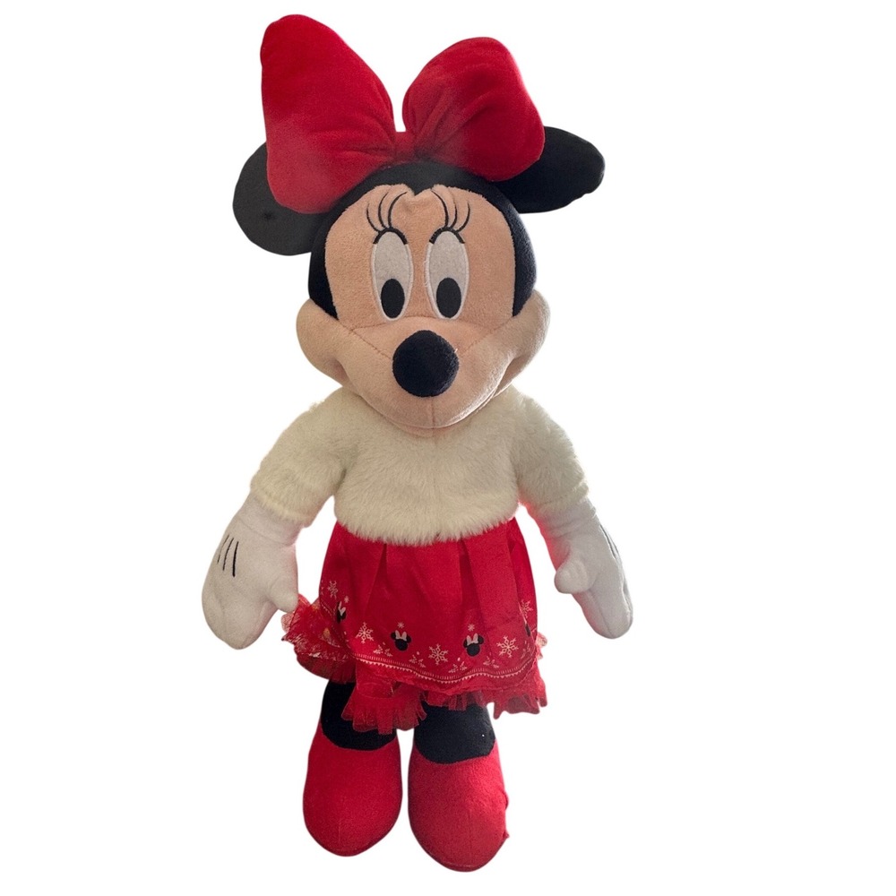Disney Minnie Mouse Plush Greeter Red Bow Snowflakes White Sweater Sparkly Skirt